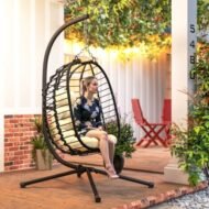 Outsunny Rattan Hanging Egg Chair, Foldable Wicker Hammock Swing Chair With Cushion, Stand, Adjustable Height, Head Pillow, Steel Frame For Garden Patio Indoor Outdoor, Cream White - Image 5