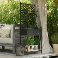 Outdoor Wicker Planter With Trellis For Climbing Plants, Freestanding Rattan Garden Box With Storage Shelf, Black - Image 2