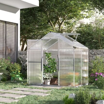 4 L X 6 W Walk-In Polycarbonate Greenhouse With Roof Vent, Outdoor Greenhouse For Winter, Clear