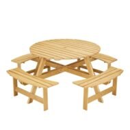 Outdoor 8 Person Picnic Table, 8 Person Round Picnic Table With 4 Built-in Benches, Umbrella Hole, Outside Table And Bench Set For Garden, Backyard, Porch, Patio, Natural - Image 7