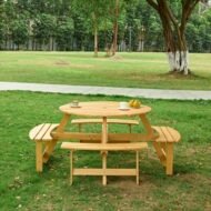 Outdoor 8 Person Picnic Table, 8 Person Round Picnic Table With 4 Built-in Benches, Umbrella Hole, Outside Table And Bench Set For Garden, Backyard, Porch, Patio, Natural - Image 4