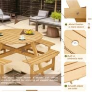 Outdoor 8 Person Picnic Table, 8 Person Round Picnic Table With 4 Built-in Benches, Umbrella Hole, Outside Table And Bench Set For Garden, Backyard, Porch, Patio, Natural - Image 5