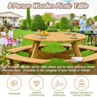 Outdoor 8 Person Picnic Table, 8 Person Round Picnic Table With 4 Built-in Benches, Umbrella Hole, Outside Table And Bench Set For Garden, Backyard, Porch, Patio, Natural - Image 10