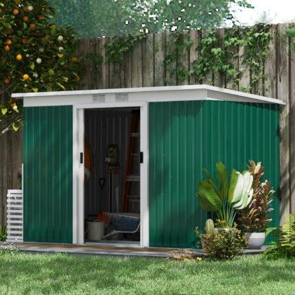9'x4.5'x5.5' Rust Resistant Metal Garden Shed, Vented, Green White, Perfect For Backyard Lawn Tool Storage  Garden Essentials