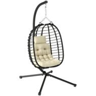 Outsunny Rattan Hanging Egg Chair, Foldable Wicker Hammock Swing Chair With Cushion, Stand, Adjustable Height, Head Pillow, Steel Frame For Garden Patio Indoor Outdoor, Cream White - Image 4