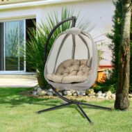 Outsunny Hanging Egg Chair, Folding Texteline Swing Hammock With Side Pocket, Cushion And Stand For Indoor Outdoor, Patio Garden Furniture, Khaki