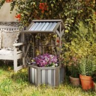 Wooden Wishing Well Planter, Raised Garden Bed With Galvanized Canopy, Hexagon Raised Flower Bed For Garden, Light Gray