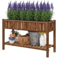 Raised Garden Bed, 47 X 22 X 31.5 In Elevated Wood Planter Box With Storage Shelf, Drainage Holes And Liner, Carbonized - Image 4
