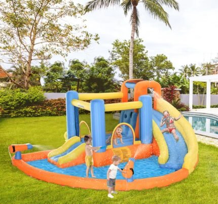 Kids Inflatable Water Slide 5-in-1 Bounce House Water Park Jumping Castle With Water Pool, Slide, Climbing Walls & 450W Air Blower