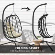 Outsunny Rattan Hanging Egg Chair, Foldable Wicker Hammock Swing Chair With Cushion, Stand, Adjustable Height, Head Pillow, Steel Frame For Garden Patio Indoor Outdoor, Cream White - Image 2