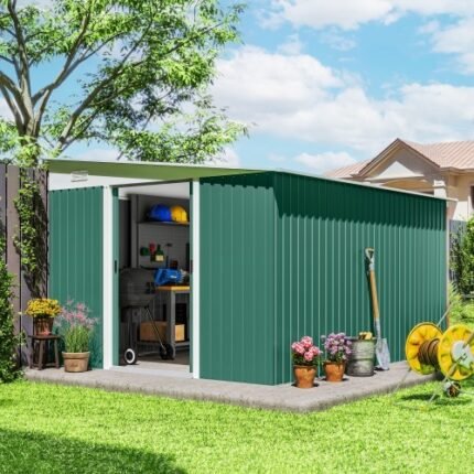 Outsunny Garden Metal Storage Shed Outdoor Metal Tool House With Double Sliding Doors And 2 Air Vents, 11.3x9.2ft, Green
