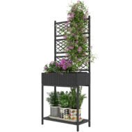 Outdoor Wicker Planter With Trellis For Climbing Plants, Freestanding Rattan Garden Box With Storage Shelf, Black