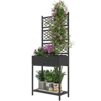 Outdoor Wicker Planter With Trellis For Climbing Plants, Freestanding Rattan Garden Box With Storage Shelf, Black