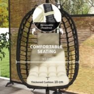 Outsunny Rattan Hanging Egg Chair, Foldable Wicker Hammock Swing Chair With Cushion, Stand, Adjustable Height, Head Pillow, Steel Frame For Garden Patio Indoor Outdoor, Cream White - Image 3