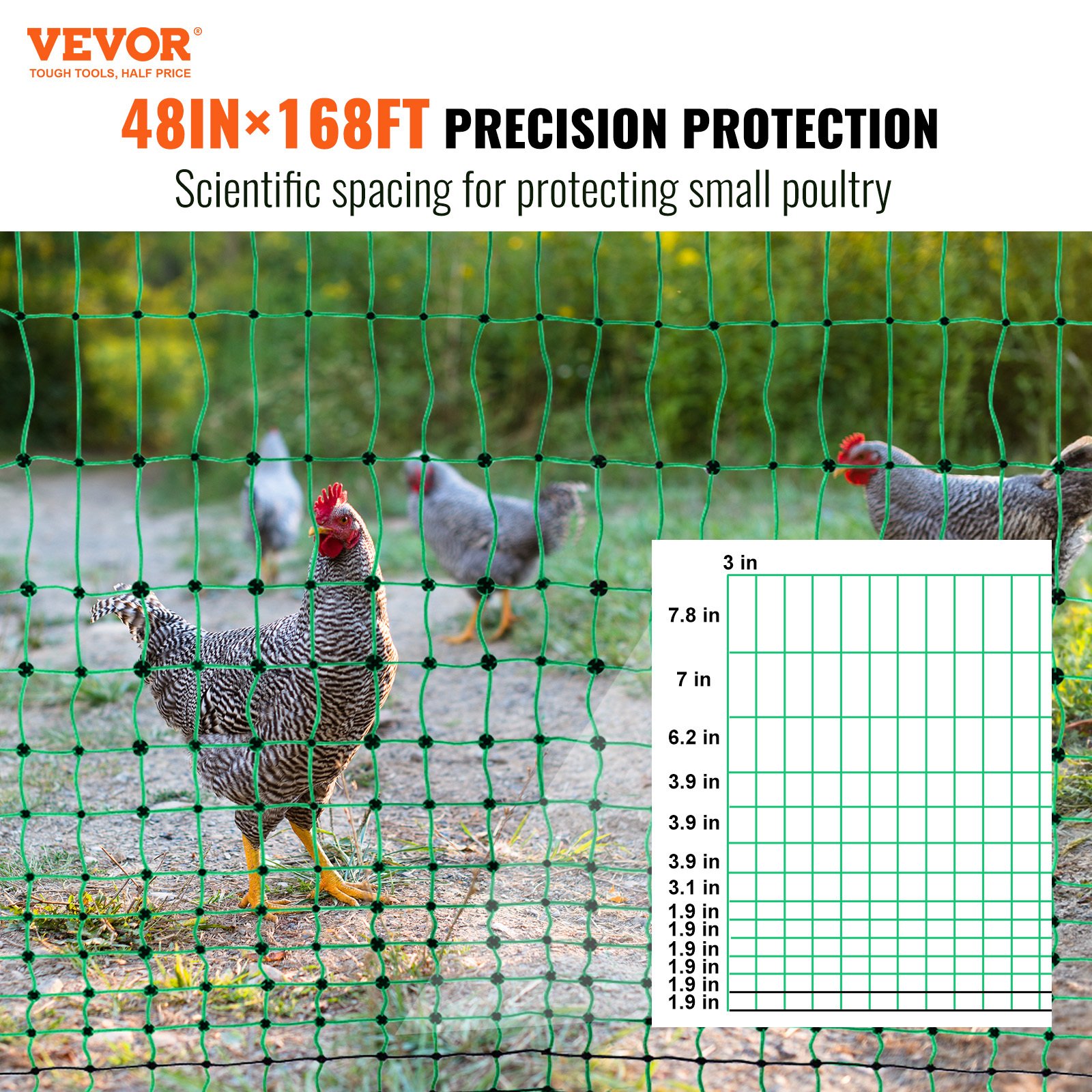 662d42ff-d509-49e6-ab1e-738d4e0851c5.jpg VEVOR Electric Fence Netting, 48inH X 168in L, PE Net Fencing Kit With Posts & Double-Spiked Stakes, Utility Portable Mesh For Chickens, Ducks, Geese, Rabbits, Used In Backyards, Farms, And Ranches - Image 1