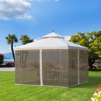 Outsunny 3Mx3M Garden Gazebo Double Top Outdoor Canopy Patio Event Party Wedding Tent Backyard Sun Shade With Netting - Cream White