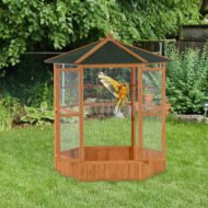 69 Large Wooden Bird Aviary Hexagonal Outdoor Aviary Flight Bird Cage With Covered Roof, Brown