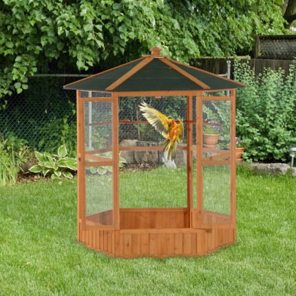 69 Large Wooden Bird Aviary Hexagonal Outdoor Aviary Flight Bird Cage With Covered Roof, Brown