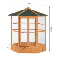 69 Large Wooden Bird Aviary Hexagonal Outdoor Aviary Flight Bird Cage With Covered Roof, Brown - Image 2
