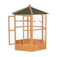 69 Large Wooden Bird Aviary Hexagonal Outdoor Aviary Flight Bird Cage With Covered Roof, Brown - Image 3