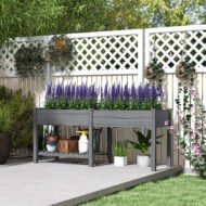 Wood Raised Garden Box, Elevated Garden Bed With Side Table, Bottom Shelf, Bed Liners And Drainage Holes, Gray - Image 2