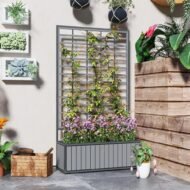 Wooden Raised Garden Bed With Trellis, Removable Pots-Gray