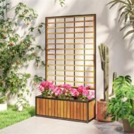 Wooden Raised Garden Bed With Trellis, Removable Pots For Backyard-Teak - Image 8