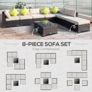 Outsunny 8 Pieces PE Rattan Corner Sofa Set With Thick Cushions, Aluminium Outdoor Rattan Garden Furniture Set With Glass Top Table, No Assembly Required, Mixed Brown - Image 4