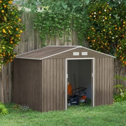 Outsunny 9 X 6ft Steel Garden Shed, Outdoor Storage Tool House With Vents, Foundation And Lockable Double Doors, Brown