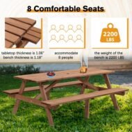 8 Person Brown Wooden Picnic Table, Outdoor Camping Dining Table With 2 Seats, Garden, DIY With 2 Built-in Benches, 2220lb Capacity - Image 5