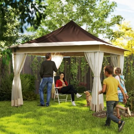 12 X 12 Ft. Canopy Tent With Mesh Netting, Up Tent With Carry Bag For Garden, Patio, Brown