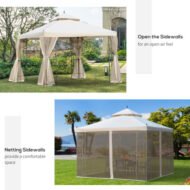 Outsunny 3Mx3M Garden Gazebo Double Top Outdoor Canopy Patio Event Party Wedding Tent Backyard Sun Shade With Netting - Cream White - Image 2