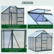 Outsunny 6 X 6ft Polycarbonate Greenhouse, Large Walk-In Green House With Slide Door And Window, Garden Plants Grow House With Aluminium Frame And Foundation, Dark Green - Image 2