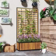 Wooden Raised Garden Bed With Trellis, Removable Pots For Backyard-Teak - Image 6