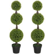Set Of 2 Artificial Ball Boxwood Topiary Trees, Fake Plants In Pots For Indoor Outdoor Living Room, Green