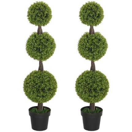 Set Of 2 Artificial Ball Boxwood Topiary Trees, Fake Plants In Pots For Indoor Outdoor Living Room, Green