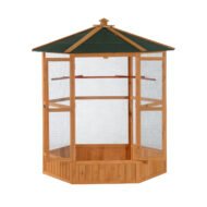 69 Large Wooden Bird Aviary Hexagonal Outdoor Aviary Flight Bird Cage With Covered Roof, Brown - Image 6
